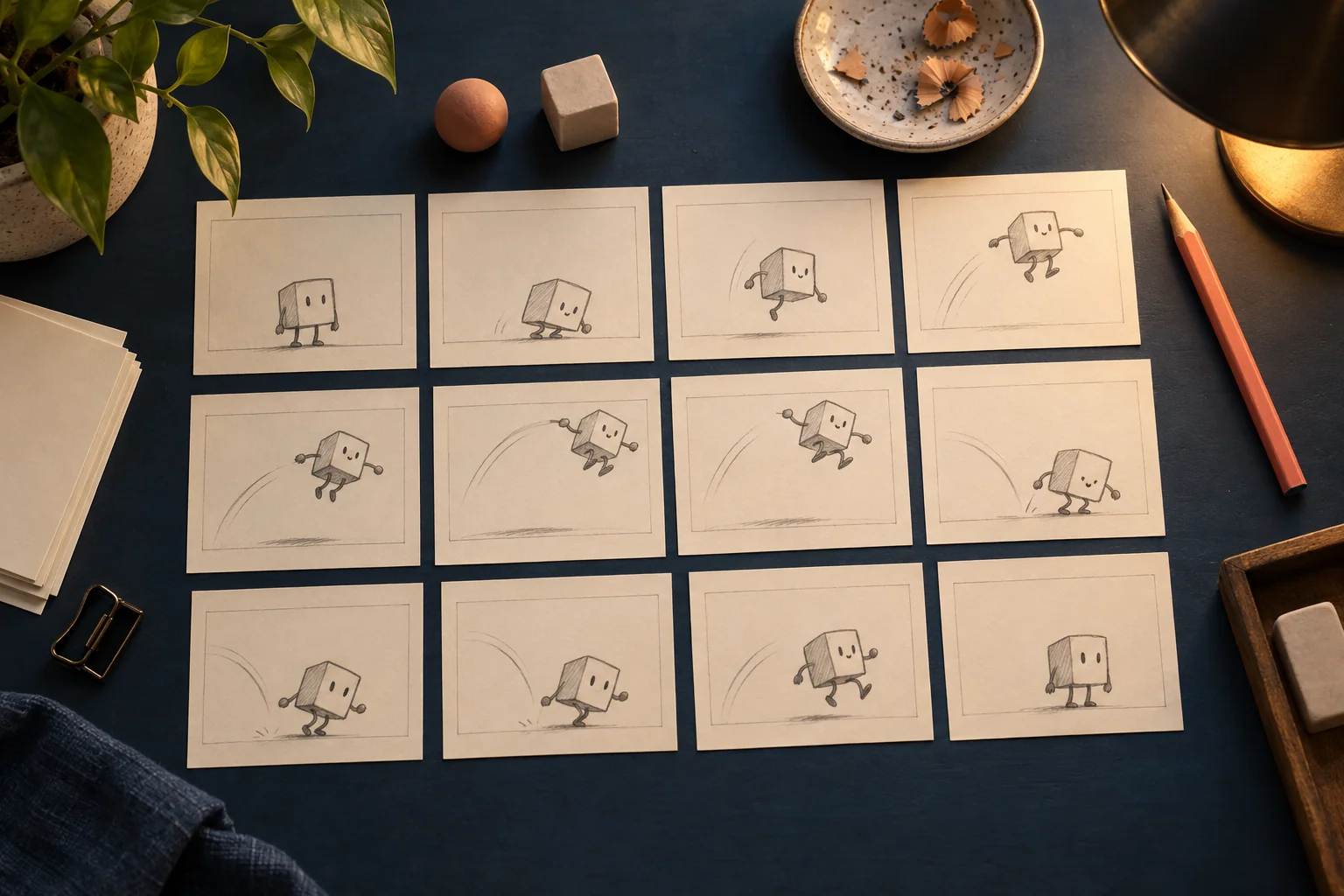 Illustrated animation planning desk with storyboard cards