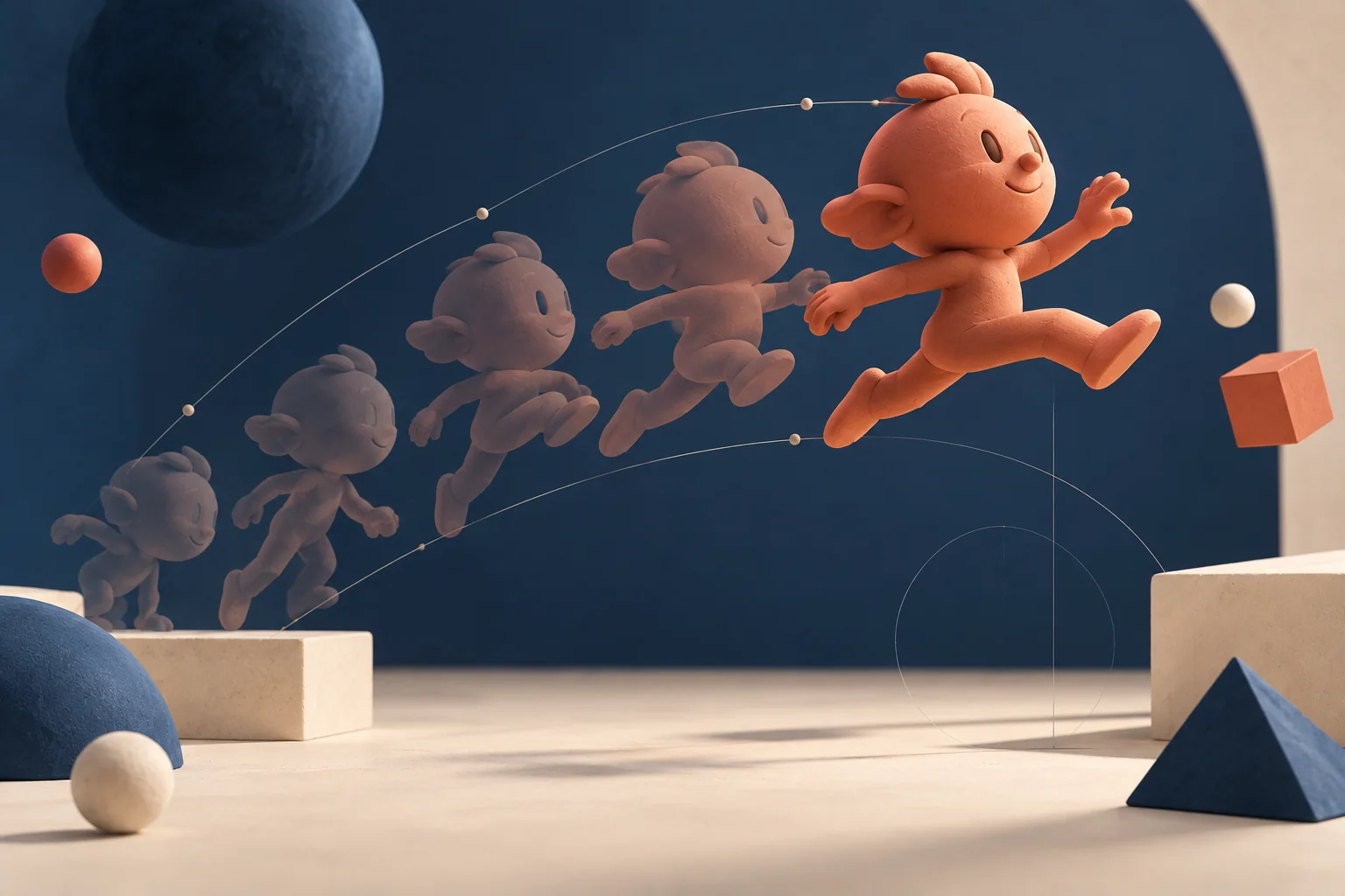 Original illustration of a coral character jumping through successive poses